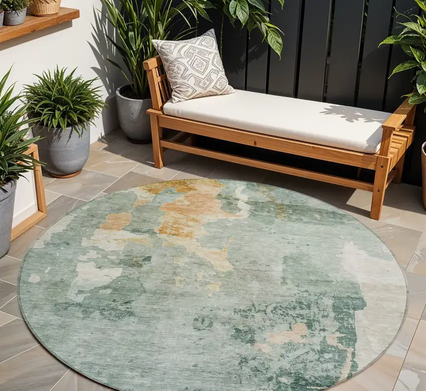 8' Blue Copper And Gray Round Abstract Washable Indoor Outdoor Area Rug Photo 1