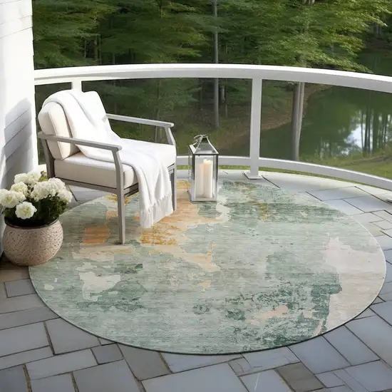 8' Blue Copper And Gray Round Abstract Washable Indoor Outdoor Area Rug Photo 6