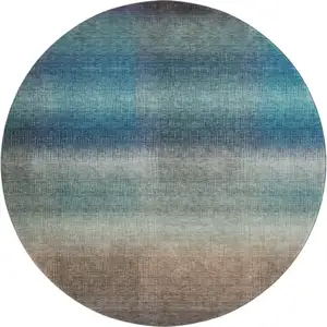 Photo of 8' Blue Copper And Gray Striped Washable Round Rug With UV Protection