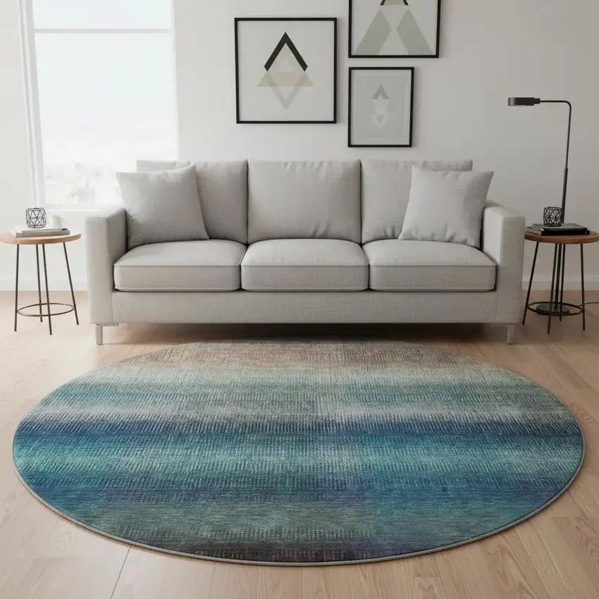 8' Blue Copper And Gray Striped Washable Round Rug With UV Protection Photo 2