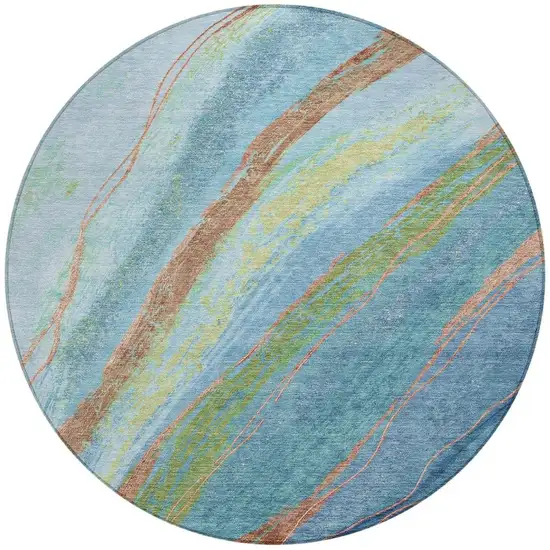 8' Blue Copper And Green Round Abstract Washable Indoor Outdoor Area Rug Photo 3