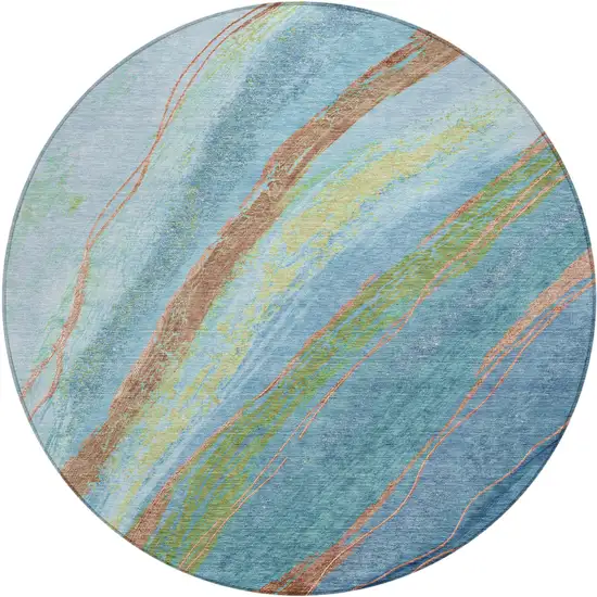 8' Blue Copper And Green Round Abstract Washable Indoor Outdoor Area Rug Photo 1
