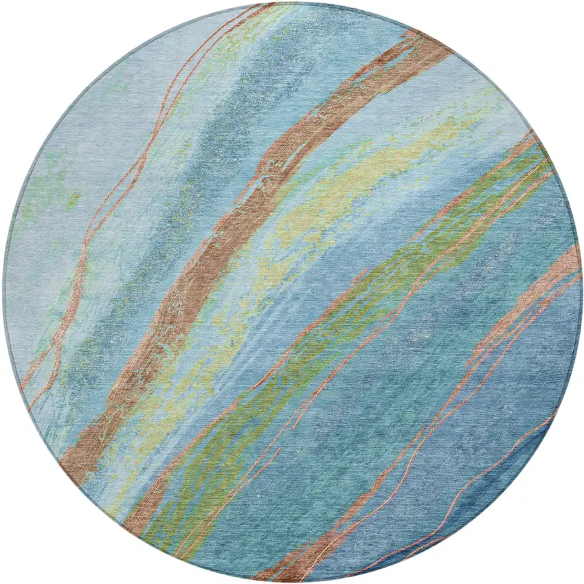 8' Blue Copper And Green Round Abstract Washable Indoor Outdoor Area Rug Photo 1