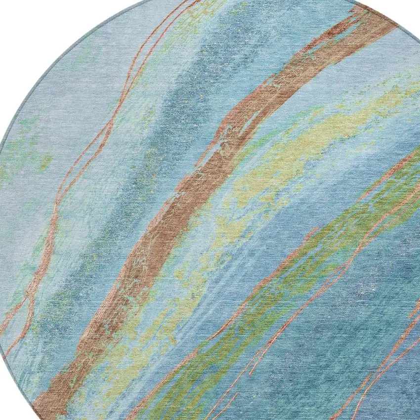 8' Blue Copper And Green Round Abstract Washable Indoor Outdoor Area Rug Photo 4