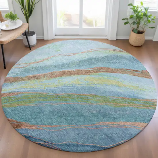 8' Blue Copper And Green Round Abstract Washable Indoor Outdoor Area Rug Photo 6