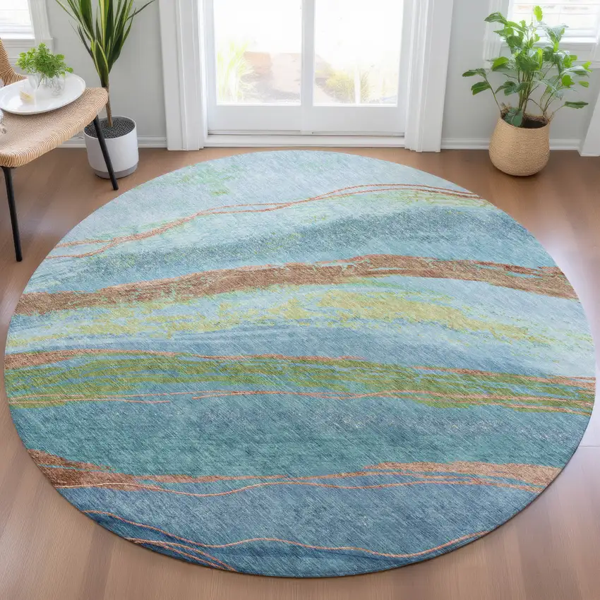 8' Blue Copper And Green Round Abstract Washable Indoor Outdoor Area Rug Photo 6