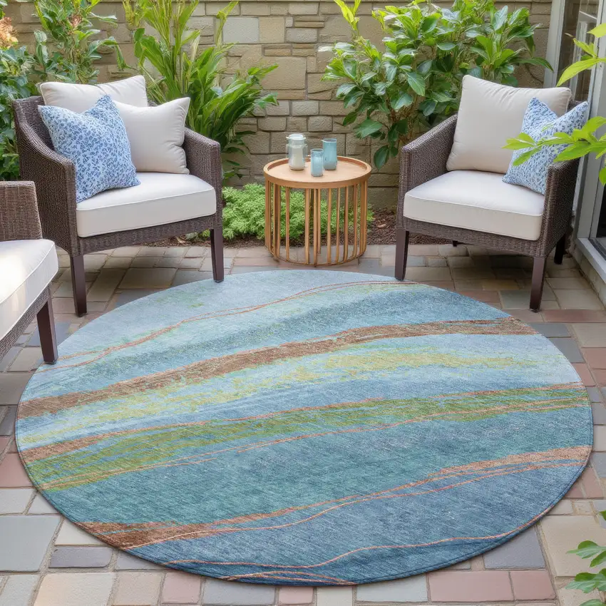 8' Blue Copper And Green Round Abstract Washable Indoor Outdoor Area Rug Photo 5