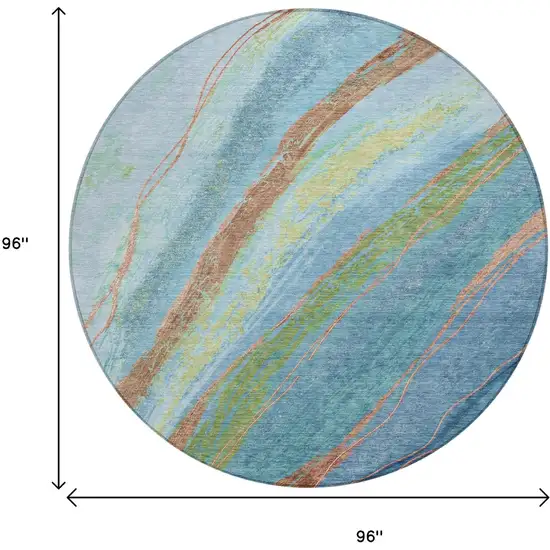 8' Blue Copper And Green Round Abstract Washable Indoor Outdoor Area Rug Photo 9