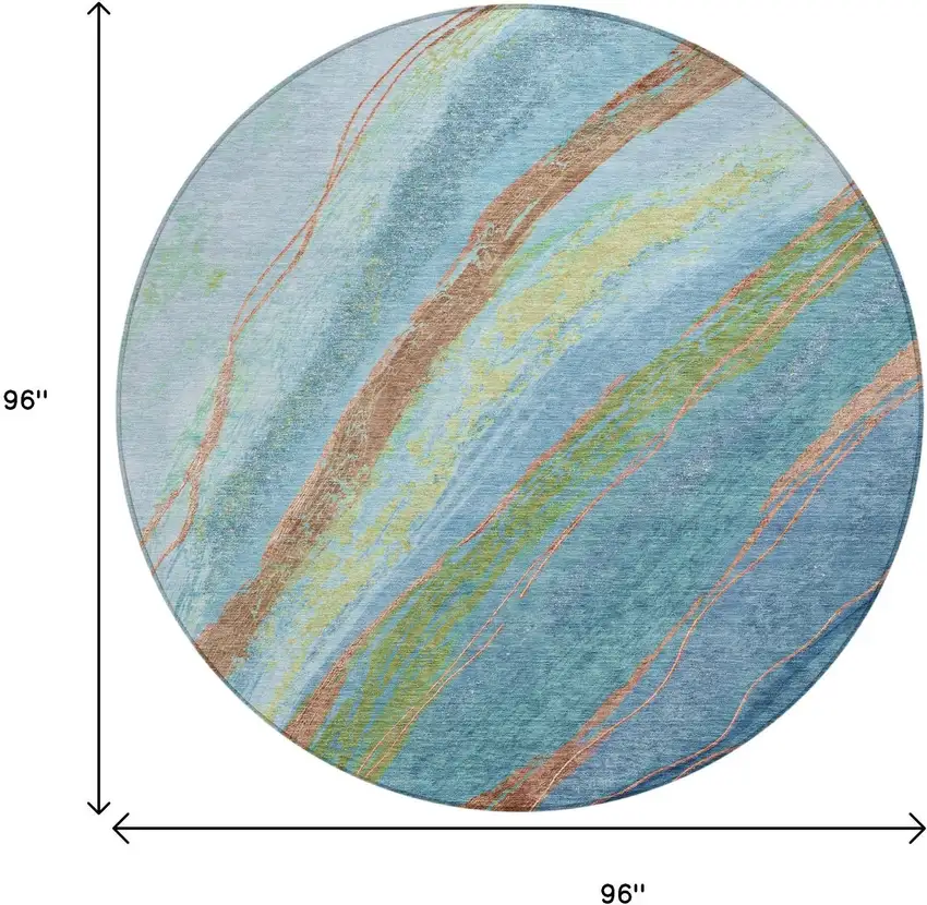 8' Blue Copper And Green Round Abstract Washable Indoor Outdoor Area Rug Photo 9
