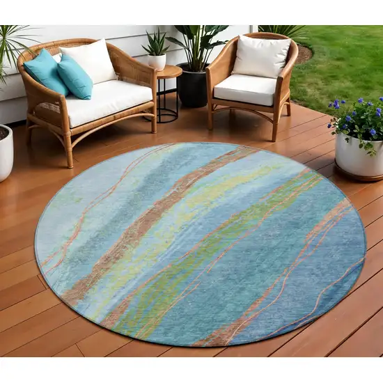 8' Blue Copper And Green Round Abstract Washable Indoor Outdoor Area Rug Photo 2