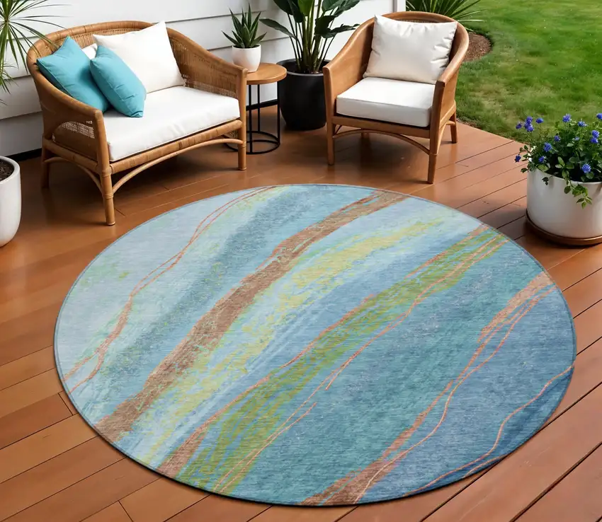 8' Blue Copper And Green Round Abstract Washable Indoor Outdoor Area Rug Photo 2