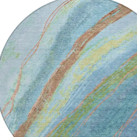 8' Blue Copper And Green Round Abstract Washable Indoor Outdoor Area Rug Photo 9