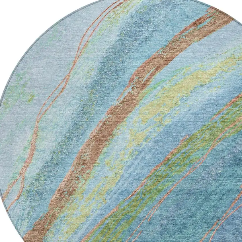8' Blue Copper And Green Round Abstract Washable Indoor Outdoor Area Rug Photo 9