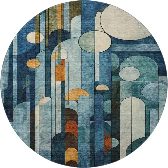 8' Blue Copper And Ivory Geometric Washable Round Rug With UV Protection Photo 3