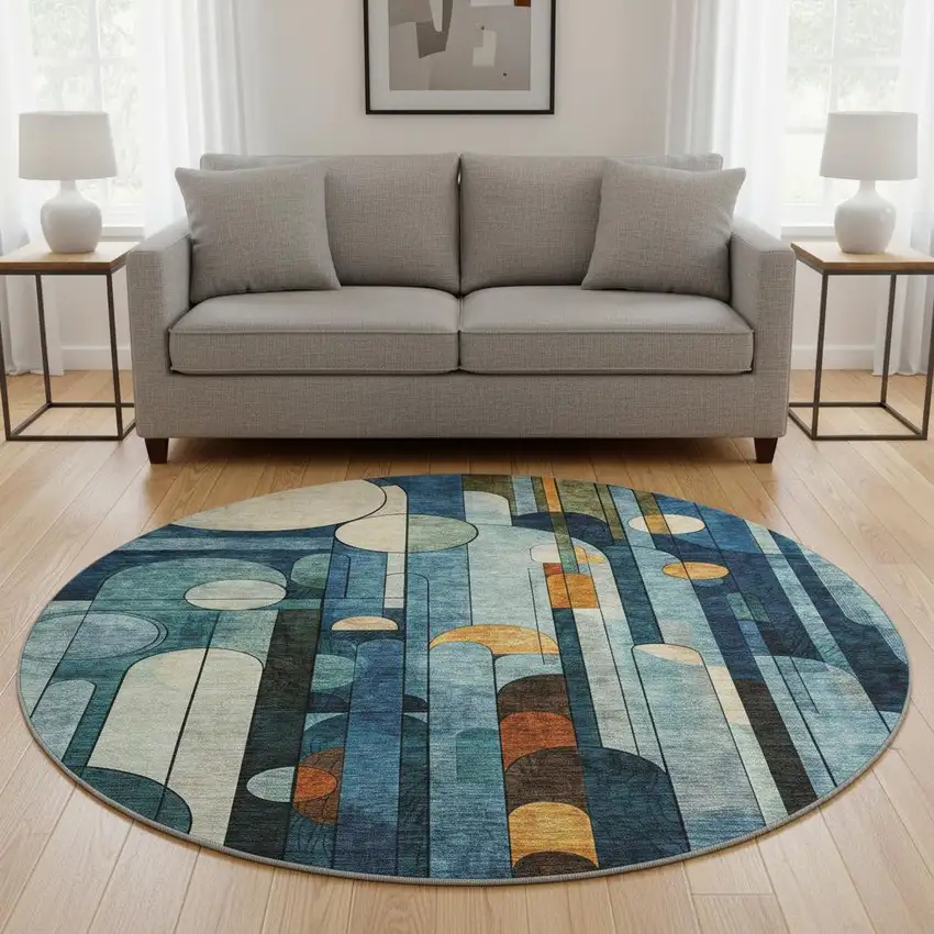 8' Blue Copper And Ivory Geometric Washable Round Rug With UV Protection Photo 2