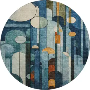Photo of 8' Blue Copper And Ivory Geometric Washable Round Rug With UV Protection