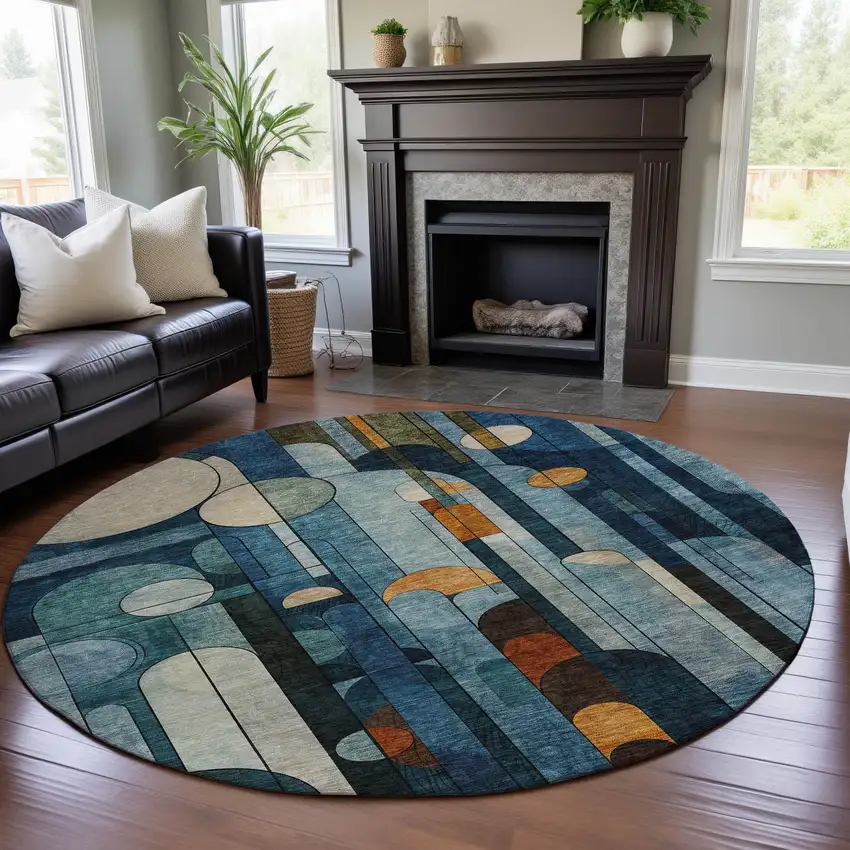 8' Blue Copper And Ivory Geometric Washable Round Rug With UV Protection Photo 4