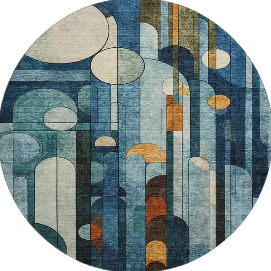 8' Blue Copper And Ivory Geometric Washable Round Rug With UV Protection Photo 2