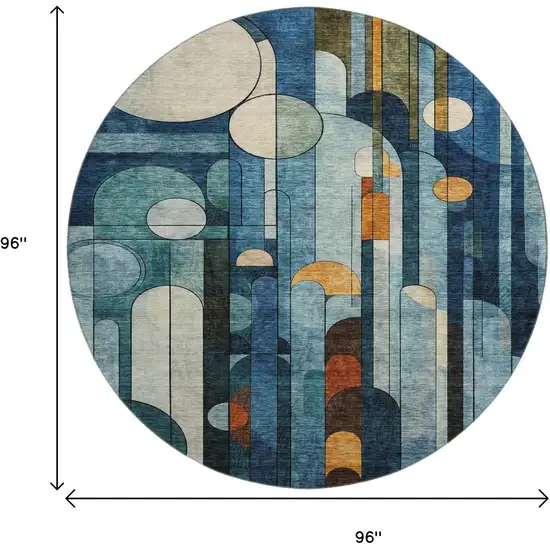 8' Blue Copper And Ivory Geometric Washable Round Rug With UV Protection Photo 9