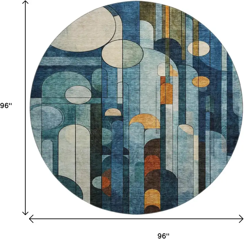 8' Blue Copper And Ivory Geometric Washable Round Rug With UV Protection Photo 9