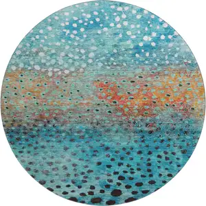 Photo of 8' Blue Copper And Ivory Polka Dot Washable Round Rug With UV Protection