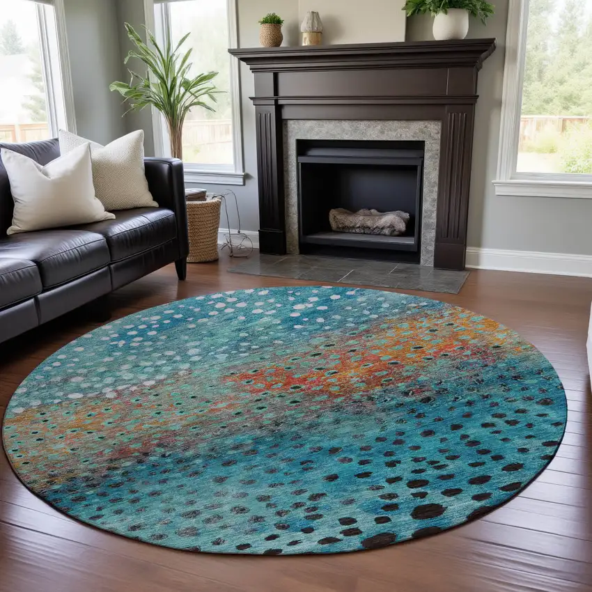 8' Blue Copper And Ivory Polka Dot Washable Round Rug With UV Protection Photo 4