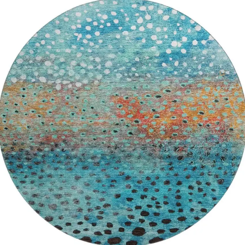 8' Blue Copper And Ivory Polka Dot Washable Round Rug With UV Protection Photo 3