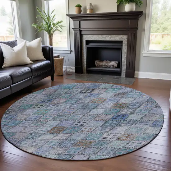8' Blue Copper And Silver Geometric Washable Round Rug With UV Protection Photo 4