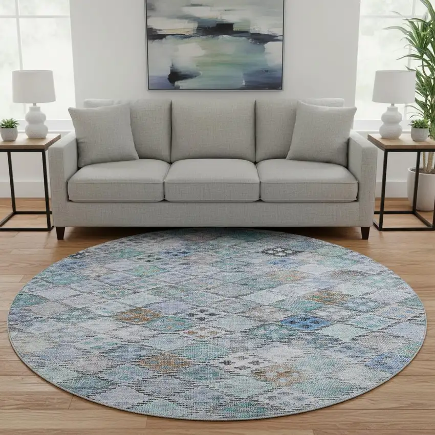 8' Blue Copper And Silver Geometric Washable Round Rug With UV Protection Photo 2