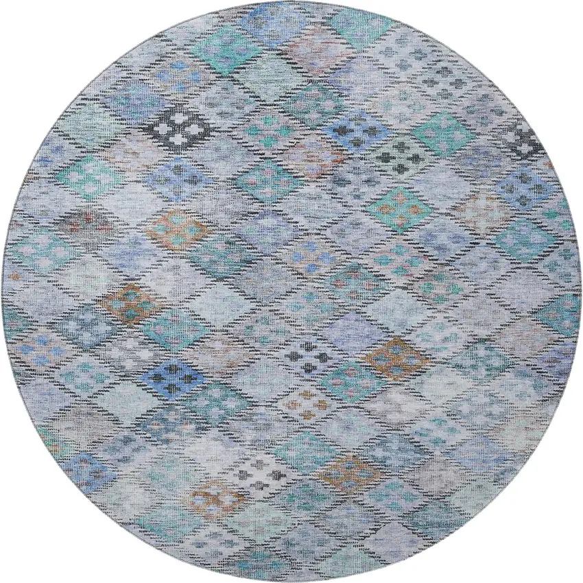 8' Blue Copper And Silver Geometric Washable Round Rug With UV Protection Photo 3