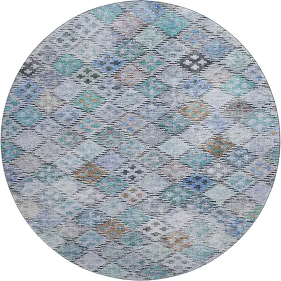 8' Blue Copper And Silver Geometric Washable Round Rug With UV Protection Photo 1
