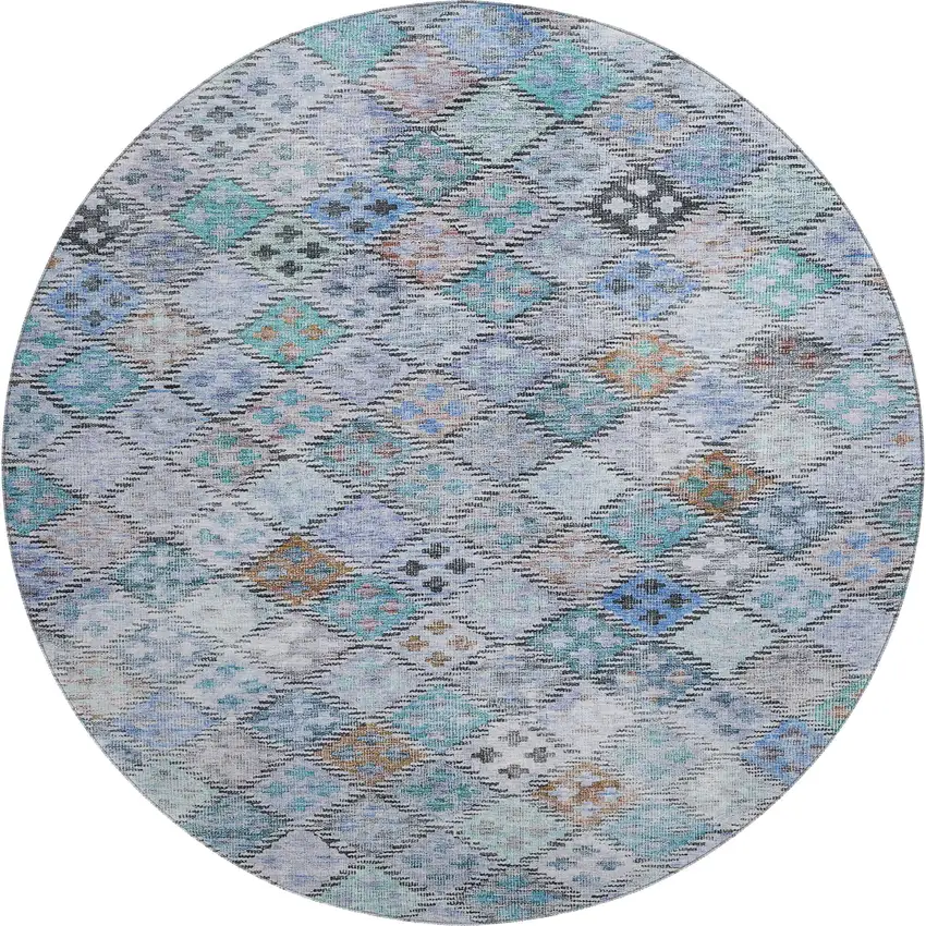 8' Blue Copper And Silver Geometric Washable Round Rug With UV Protection Photo 1