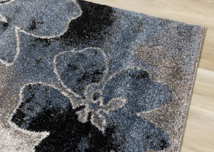 8' Blue Cream And Black Botanical Leaves Runner Rug Photo 7