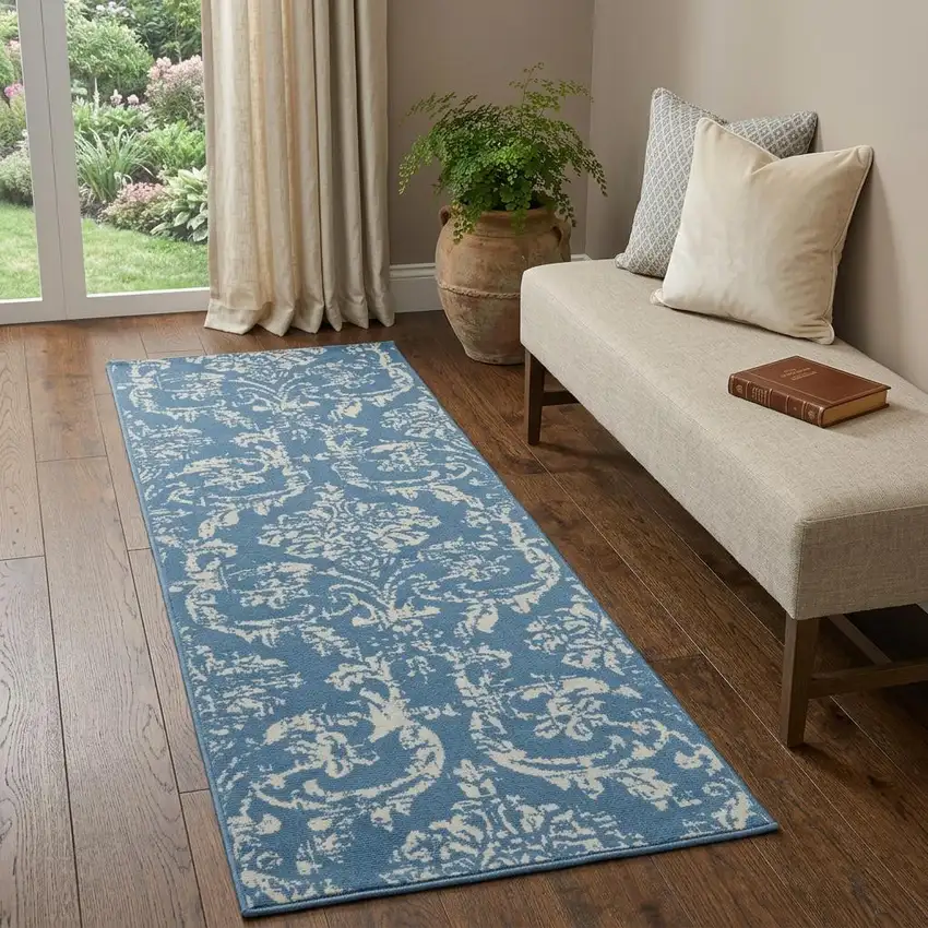 7' Blue Damask Power Loom Runner Rug Photo 1
