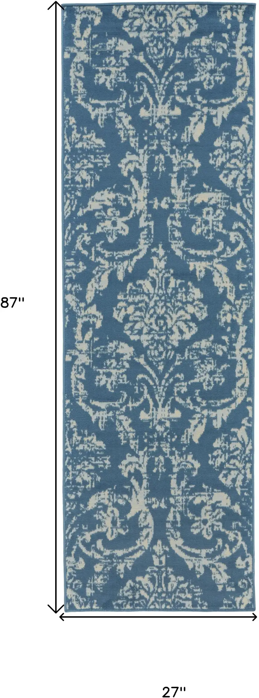 7' Blue Damask Power Loom Runner Rug Photo 6