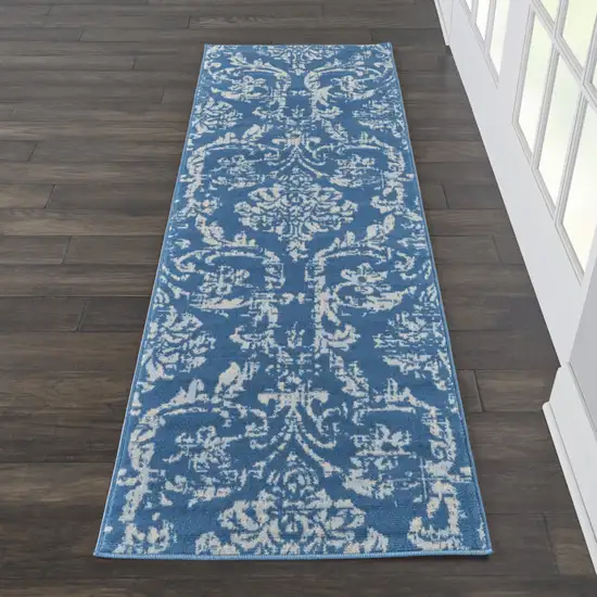 7' Blue Damask Power Loom Runner Rug Photo 5