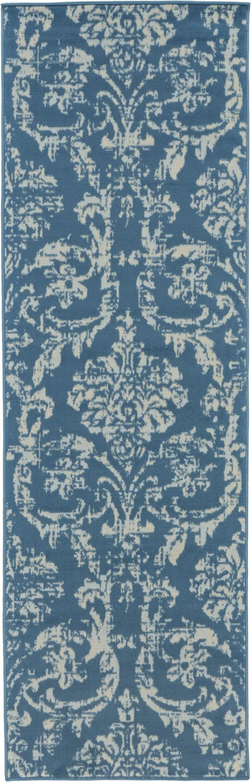 7' Blue Damask Power Loom Runner Rug Photo 1