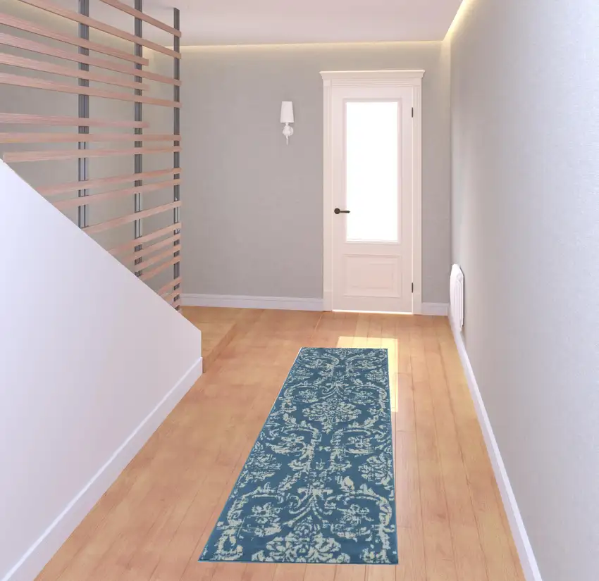7' Blue Damask Power Loom Runner Rug Photo 2