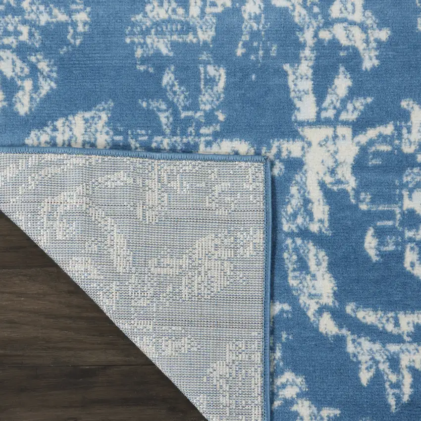 7' Blue Damask Power Loom Runner Rug Photo 8