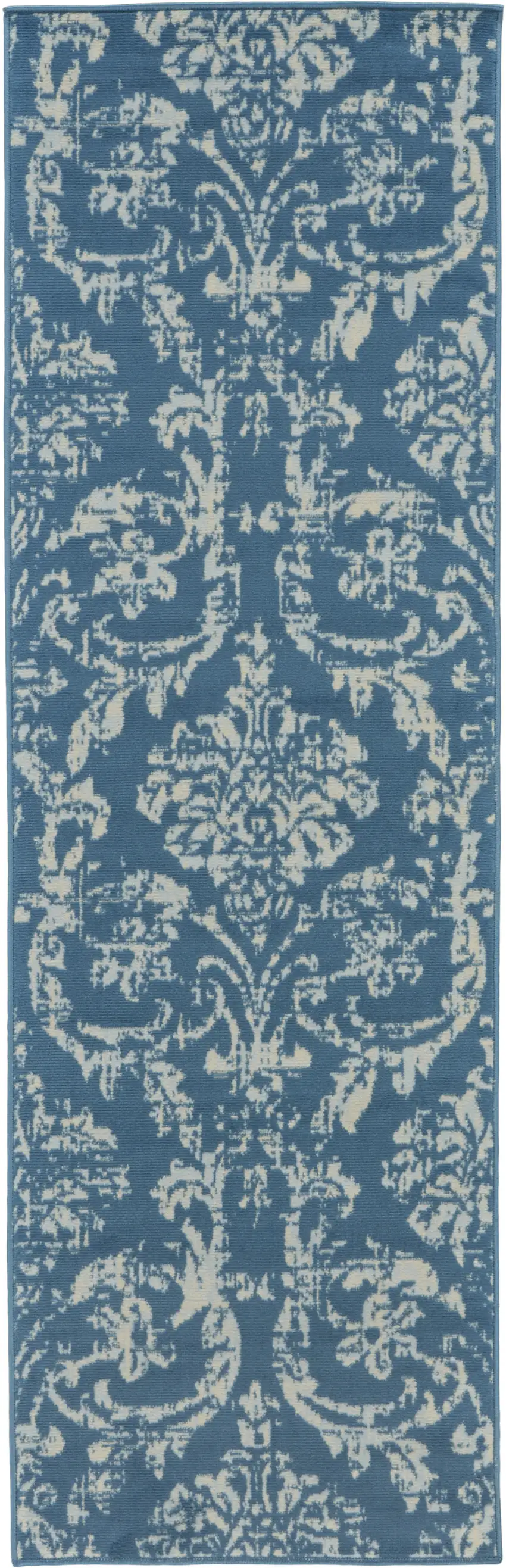 7' Blue Damask Power Loom Runner Rug Photo 2