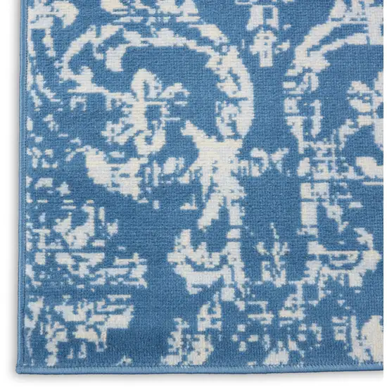 7' Blue Damask Power Loom Runner Rug Photo 7