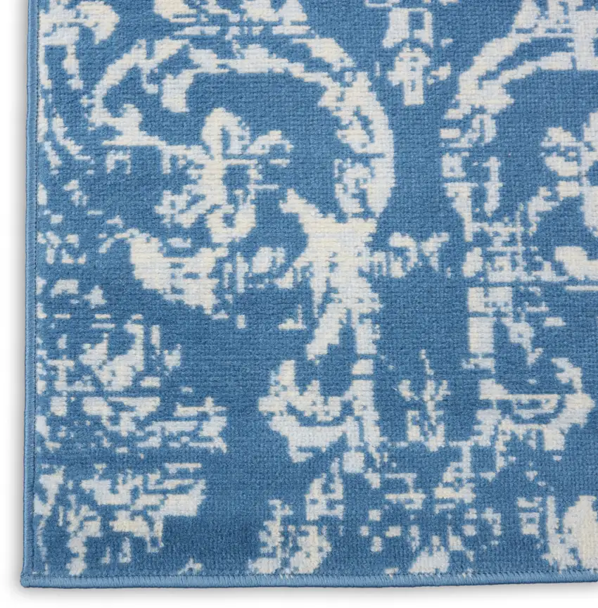 7' Blue Damask Power Loom Runner Rug Photo 7