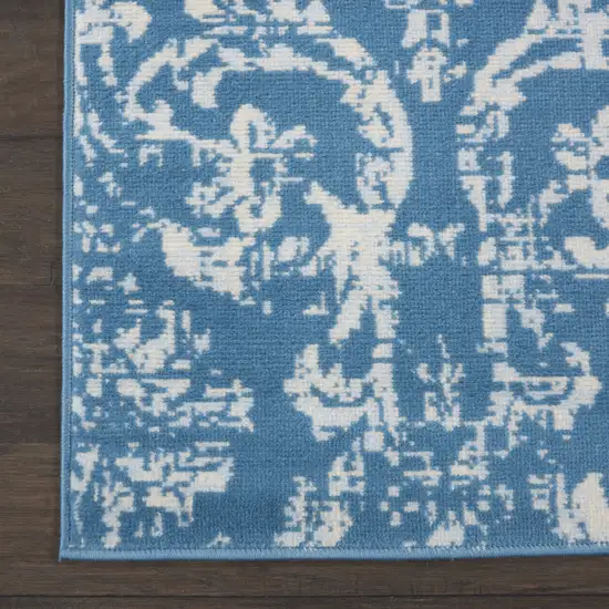 7' Blue Damask Power Loom Runner Rug Photo 9