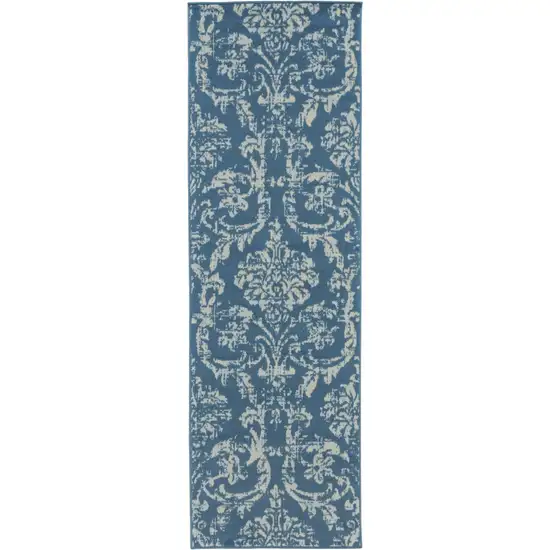 7' Blue Damask Power Loom Runner Rug Photo 2