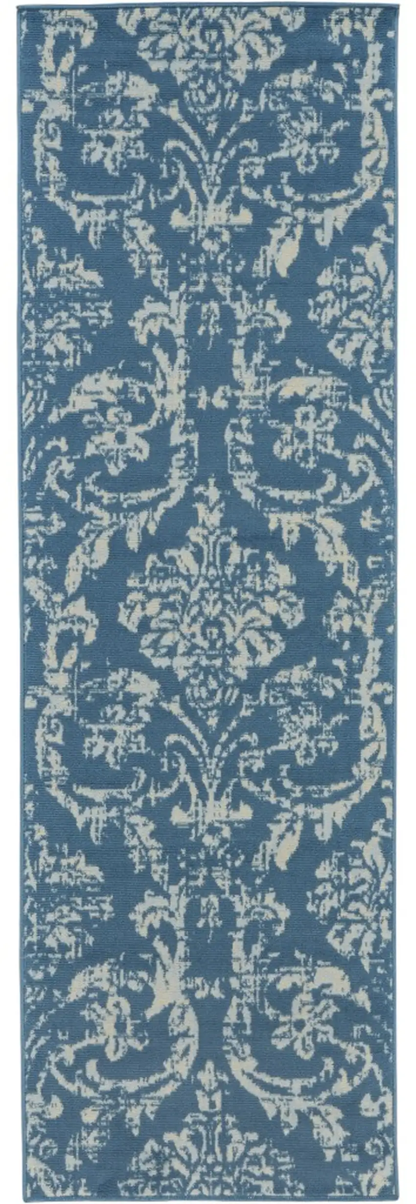 7' Blue Damask Power Loom Runner Rug Photo 2