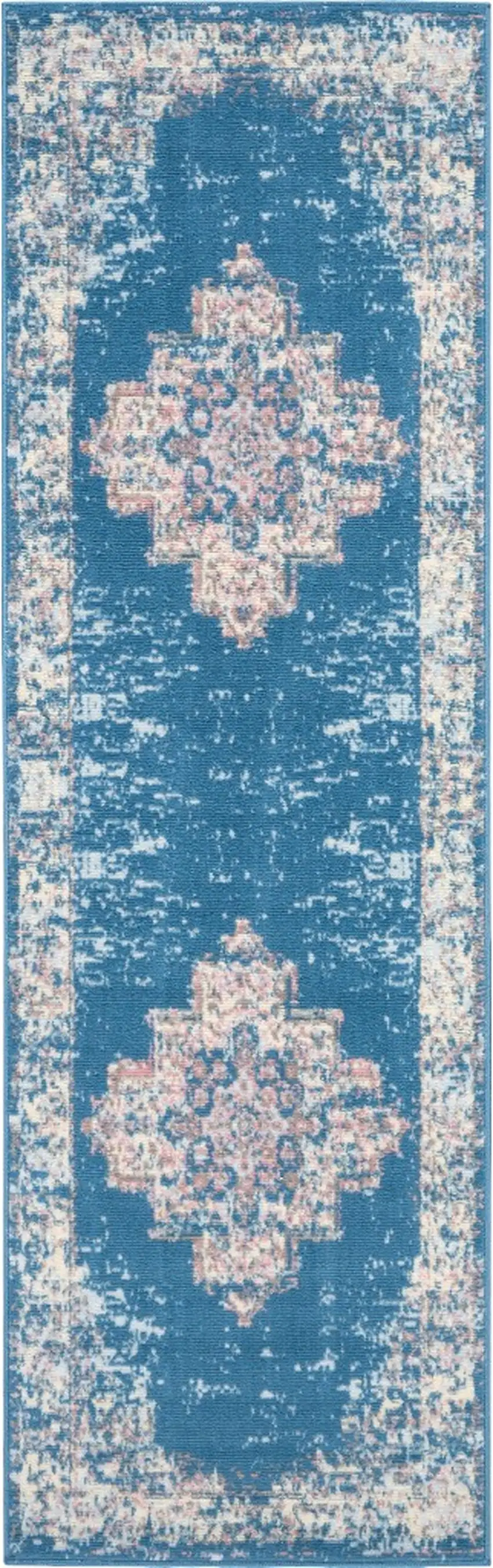 8' Blue Damask Power Loom Runner Rug Photo 2