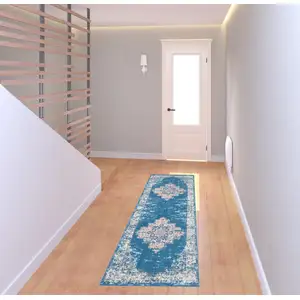 Photo of 8' Blue Damask Power Loom Runner Rug