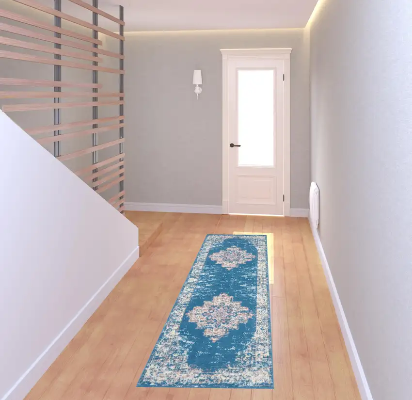 8' Blue Damask Power Loom Runner Rug Photo 2