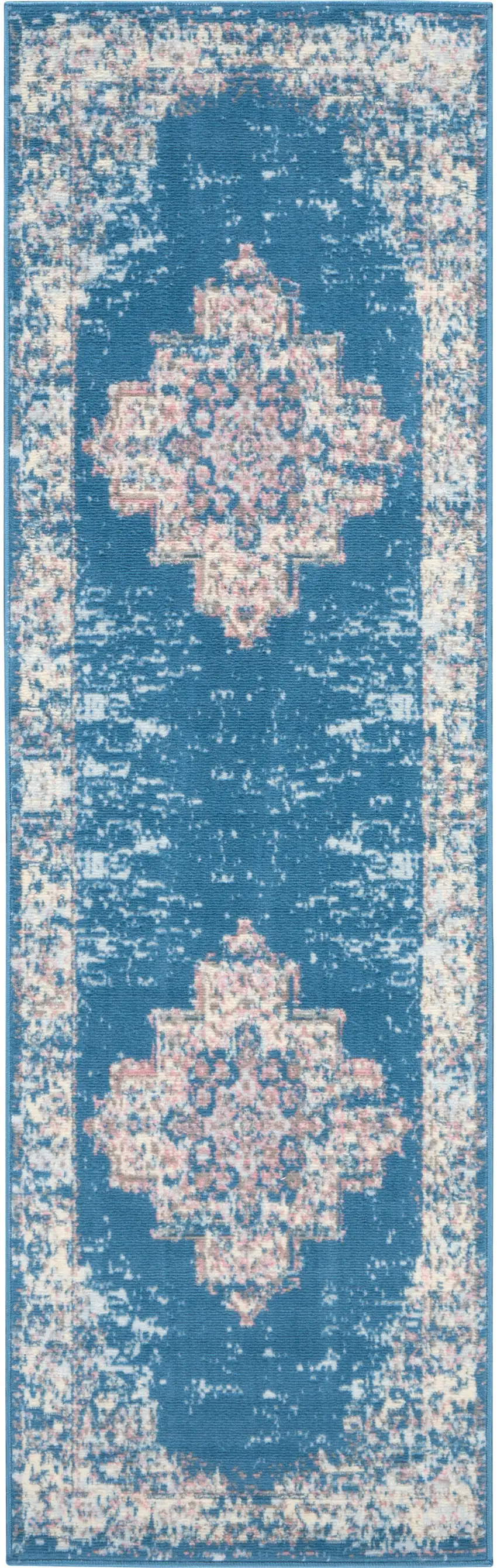 8' Blue Damask Power Loom Runner Rug Photo 2