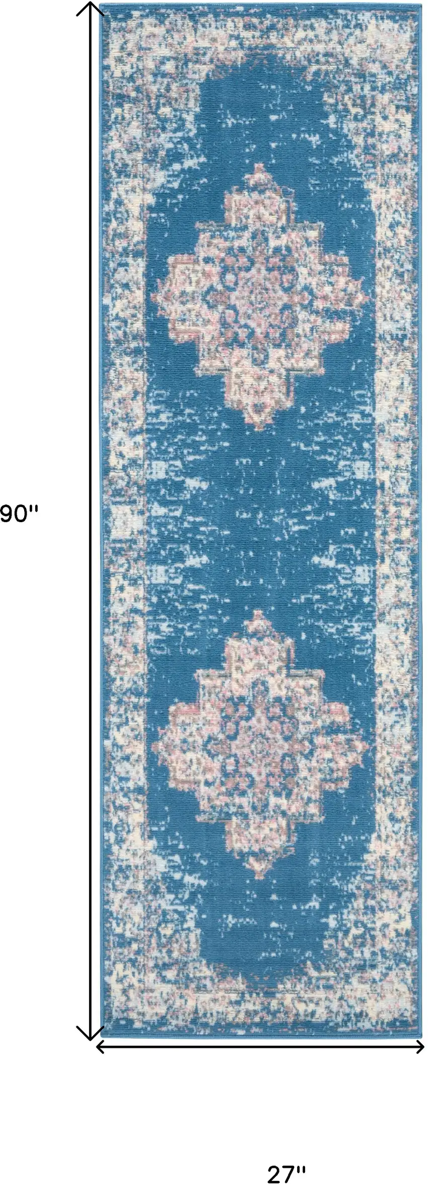 8' Blue Damask Power Loom Runner Rug Photo 6